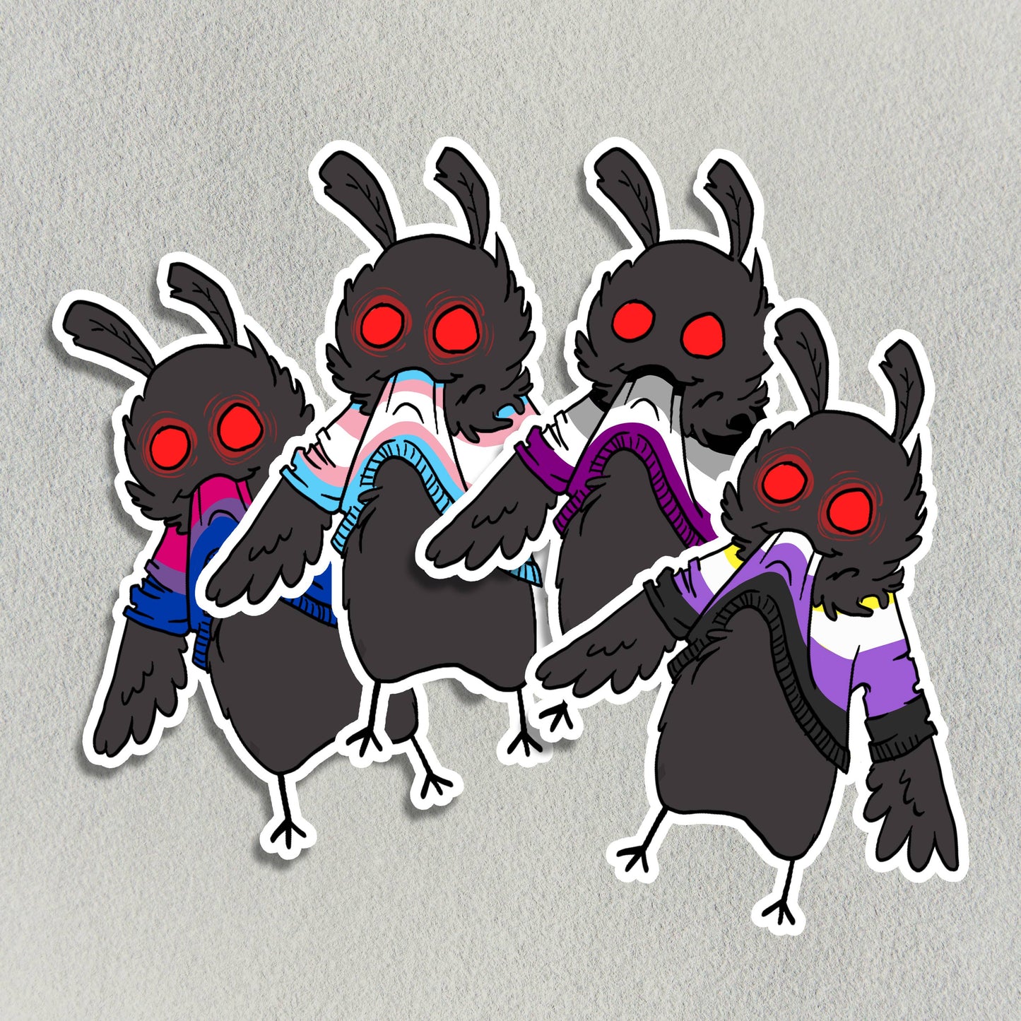 Hungry Little Mothman in a Non-Binary Pride Sweater Sticker