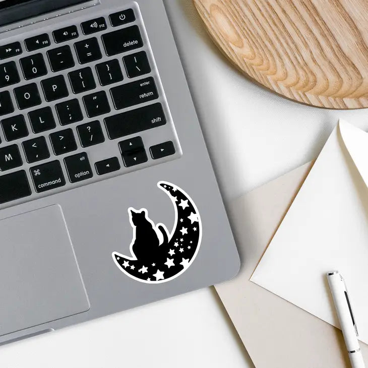 Cat on the Moon Vinyl Sticker - Black and White - Arcana