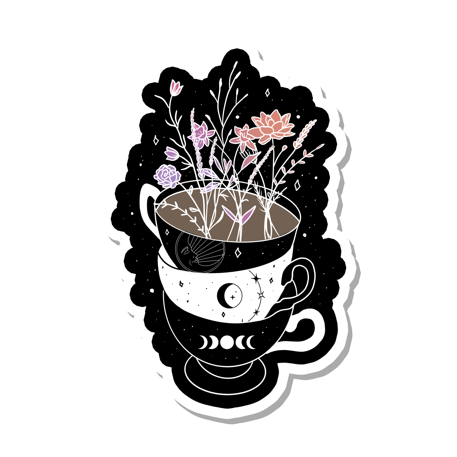 Cottagecore Tea Cup Stack with Flowers Vinyl Sticker - Arcana