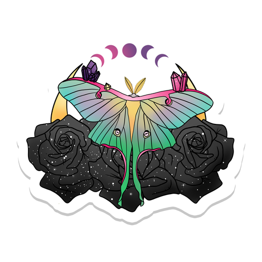 Luna Moth with Black Roses Vinyl Sticker