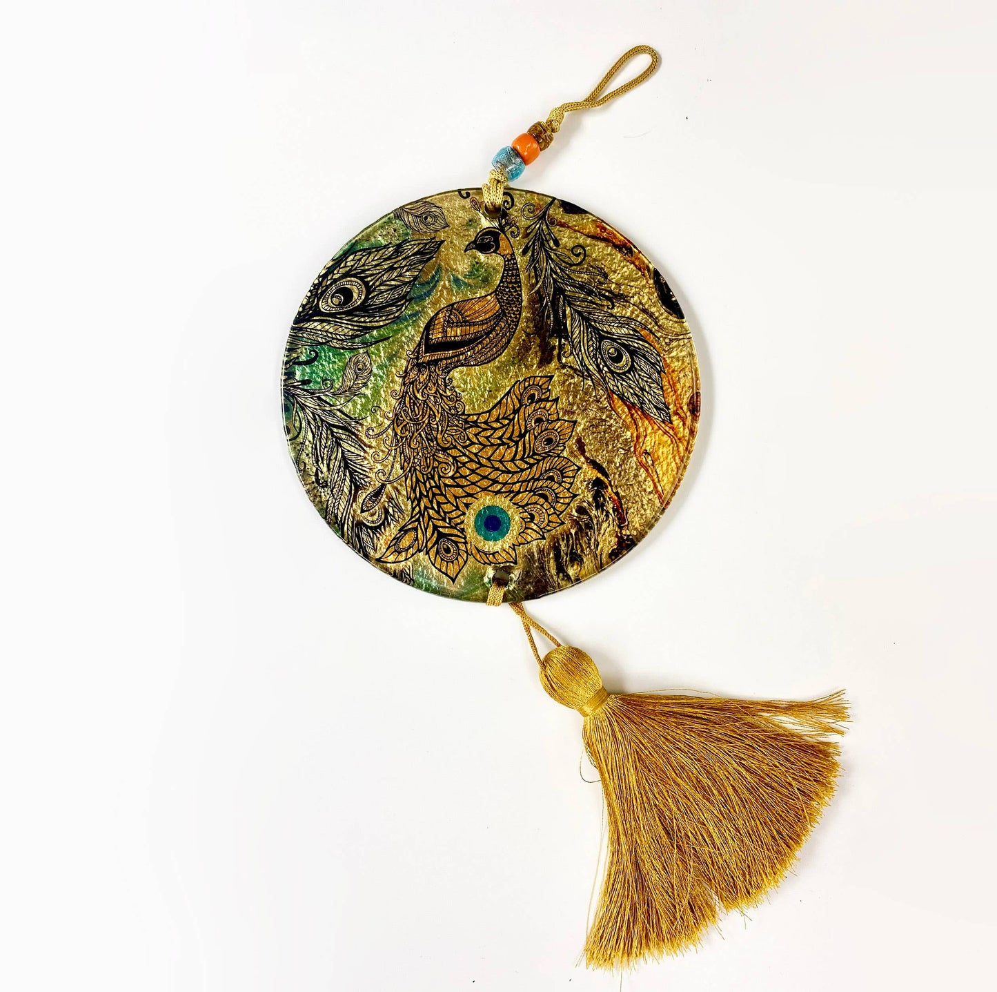 Golden Peacock Fusion Glass Wall Hanging - Arcana