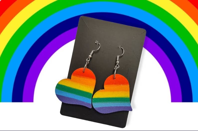 Wooden Rainbow Heart Earrings