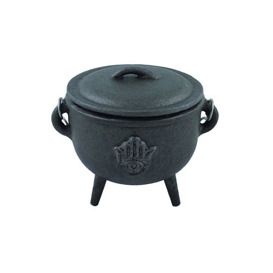 Medium Cast Iron Cauldron with Lid 4.5 inch - Hamsa Design - Arcana