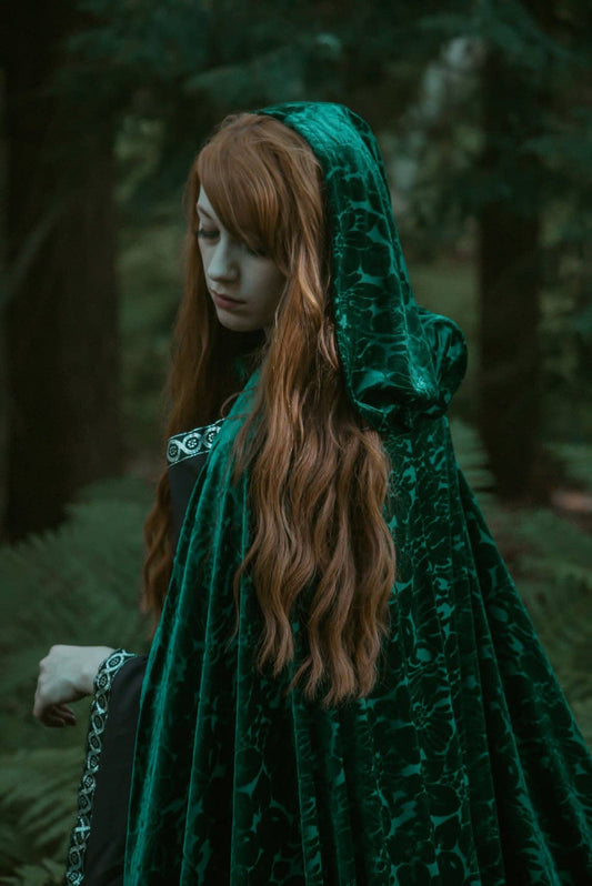 Green Burnout Velvet Hooded Cloak