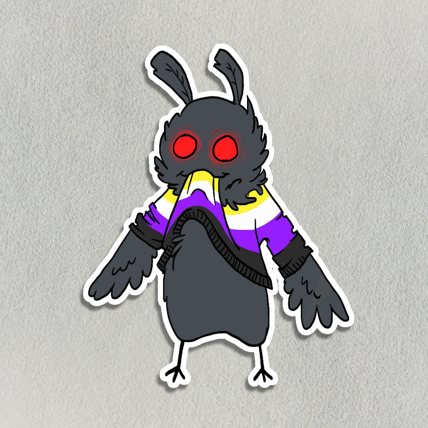 Hungry Little Mothman in a Non-Binary Pride Sweater Sticker