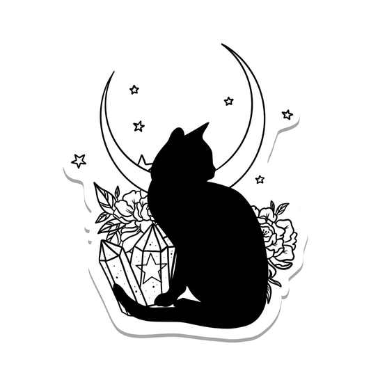 Black Cat with Moon and Crystals Vinyl Sticker - Arcana
