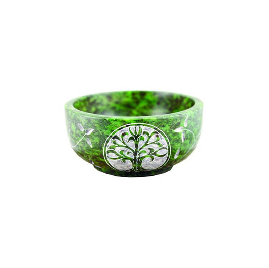 Green Tree of Life Hand Carved Stone Offering Bowl 4" - Arcana
