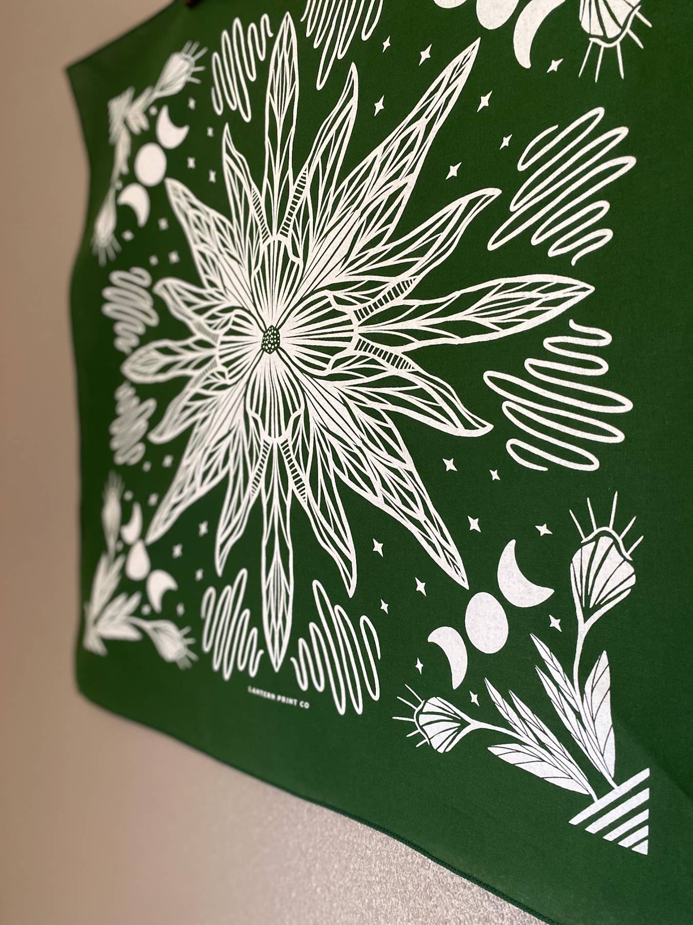 Cosmic Bloom Bandana - Forest Green and White