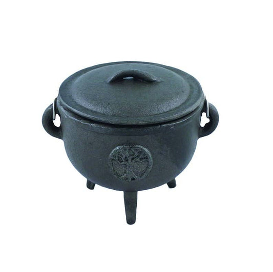 Medium Cast Iron Cauldron with Lid 4.5 inch - Tree of Life Design - Arcana