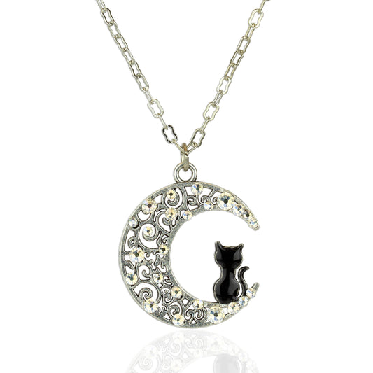 Cat and Moon Crystal Necklace