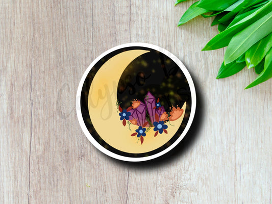 Celestial Crescent Moon and Crystals Sticker